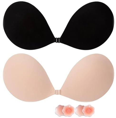 Lnmyic Soutien Gorge Dos Nu Invisible Adhesif Push up sans Bretelle Remonte Sein Adhesif Coque Adhesive (FR/ES, Taille de Bonnet & Taille du Soutien-Gorge, B, Noir+Beige)