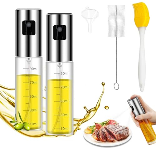 SCBOY 100ml Spray Huile Cuisine Air Fryer Vaporisateur Huile Pulvérisateur D'huile Avec Entonnoir Brosse De Nettoyage Et BrosseSilicone Pour Cuisine Salade Pain Cuisson BBQ(100ml*2)
