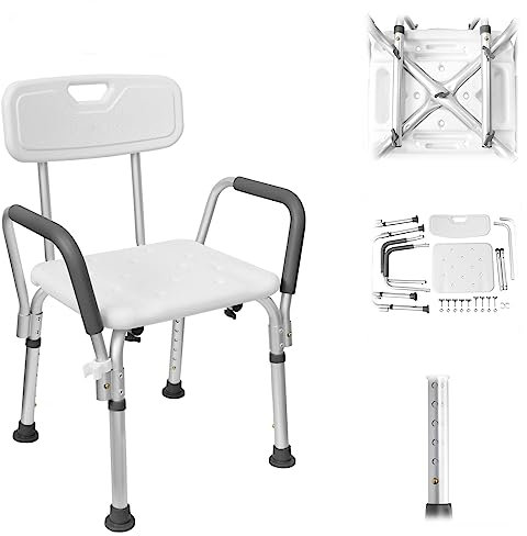 TANYEAR Duschhocker Duschstuhl mit Rückenlehne und Armlehne Höhenverstellbar Badewannensitz Anti Rutsch Badhocker Duschhocker für Erwachsene, Senioren, Mit Eva Pad