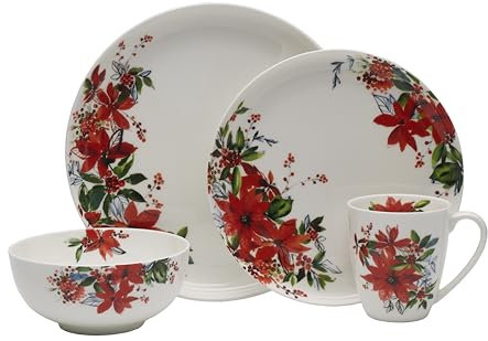 Mikasa Winter Poinsettia Holiday Bone China Lightweight Chip Resistant Dinnerware Set, Service for 4