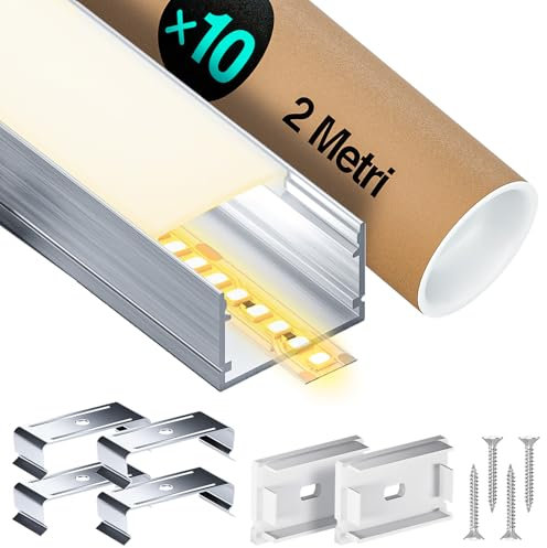 LED Aluminium Profil 2m x 10 (20m) für Streifen bis 25 mm, Led Streifen/Led Liste/led profil, Led Leiste Kanal with Milchig Weißer Abdeckung - Endkappen und Montageclips - 2000 x 30 x 20 mm
