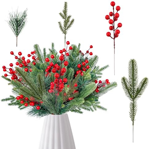 Mokylor 60 rami di pino artificiali e bacche di agrifoglio rosso, aghi di pino finto per Natale, rami di bacche in schiuma sintetica, per ghirlande fai da te, decorazioni per la casa
