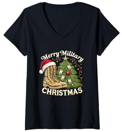 Damen Frohe Militärweihnachten Festliche Militärstiefel und Hundemarken T-Shirt mit V-Ausschnitt