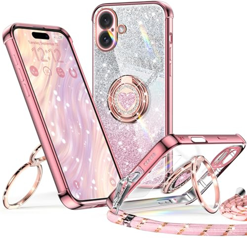 XYZ für iPhone 16 Hülle mit Band, Herzen Doppelring Ständer | Luxus Glitzer HandyHülle Kameraschutz, Frauen Stoßfest Elektroplattiert Case Soft TPU SchutzHülle Clear, Roségold