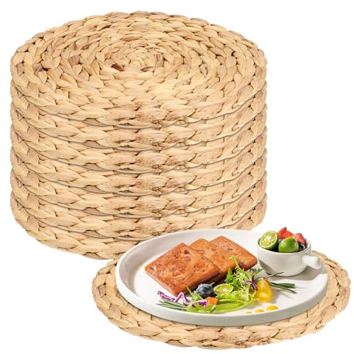 MUKSUET 8 Pack 30cm Woven Round Placemats, Natural Water Hyacinth Weave Table Mats, Braided Straw Tablemats for Table, Coasters, Pots, Pans