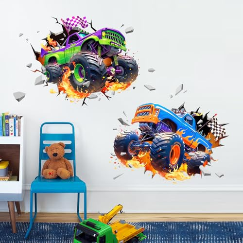 3D Racing Car Wall Decals, Truck Vehicles Wall Stickers Ball Games Peel and Stick Decal Self Adhesive Sticker for Boys Kids Room Home Decor