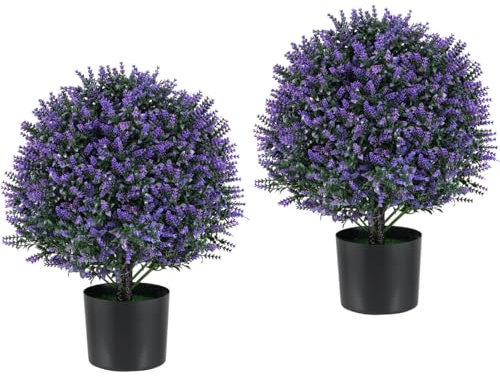 TANGZON Artificial Topiary Trees Set of 2, Decorative Faux Boxwood Topiary Plant in Pot with Flowers, Tall Indoor Outdoor Fake Ball Plants for Home Garden Office (Purple Lavender, 54cm)