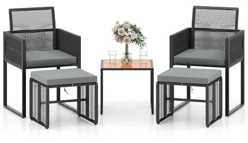 GIANTEX Rattan Gartenmöbel Set, Balkonmöbel Kleiner Balkon, Balkonmöbel Set 2 Stühle mit Hocker, Terrassenmöbel Outdoor Sitzgruppe, Balkonset 4 Personen, Balkon Möbel klein Platzsparend, inkl. Kissen