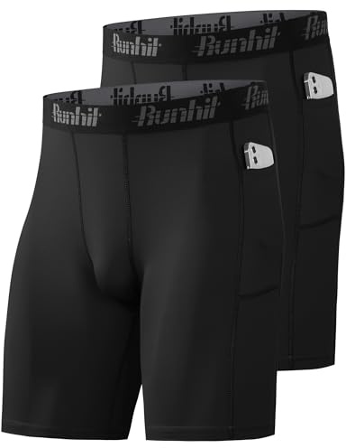 Runhit Compression Shorts Men, 1 or 2 Pack Anti Chafing Moisture Wicking Underwear Base Layer Shorts Quick Dry Spandex Sport Undershorts with Phone Pockets for Running Cycling Gym Workout Black*2 XL
