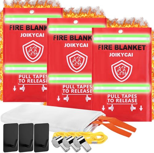 3 Packs Large 1x1M Fire Blanket with Emergency Whistle, Easy to Deploy for Quick Emergency Fire Suppression at Home, in Kitchens, Offices, Garages, or Caravans, Wall Mountable Fiberglass