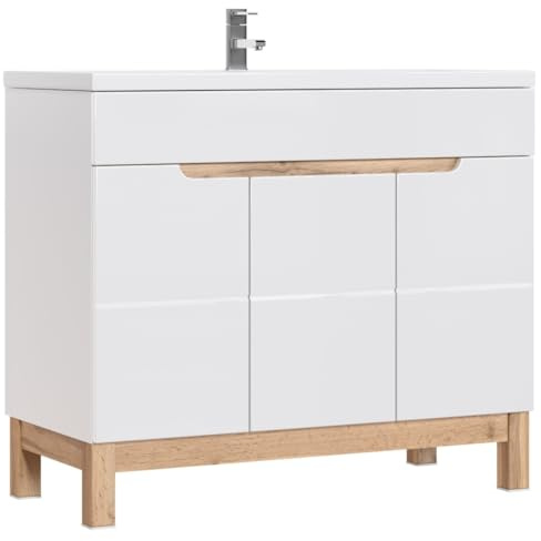Meuble sous Vasque Ermano – Chêne Clair et Blanc Brillant – 100x84 cm – 3 Portes – À Poser
