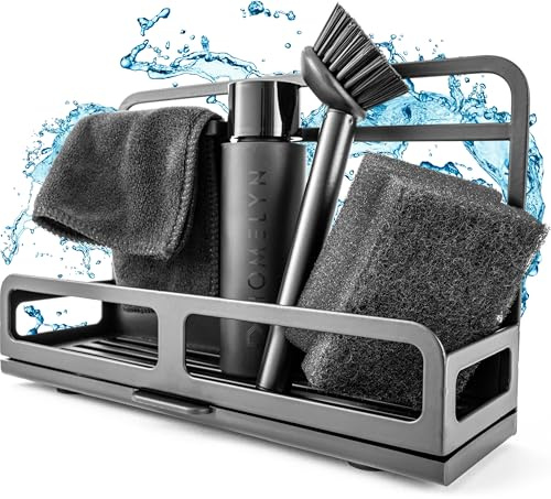 HOMELYN Spülbecken Organizer Set in schwarz inkl. Bürste, Schwamm, Spülmittelspender & Lappen I Küche aus Edelstahl I Modernes Design I Zubehör jederzeit nachkaufbar
