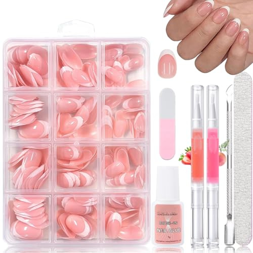 240 Stück Falsche Nägel Zum Aufkleben, Oval French Kurze Künstliche Fingernägel - Nagel Tips Set mit 2 Pcs Nagelöl Stift - Fake Nails mit Kleber für Frauen (Oval French Kurz)