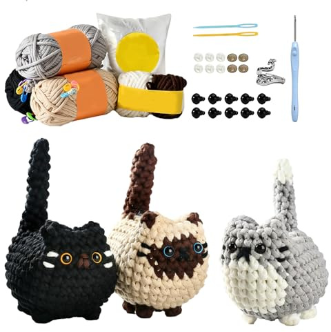 Crochet Kit Principiantes,DIY Animales para Crochet Kit,Amigurumi Kits Ganchillos Crochets,con Tutoriales en VíDeo Paso a Paso,es el mejor regalo para Los Amantes del Punto -Tres Adorables Gatitos