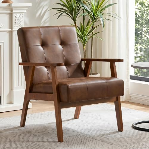 Ckaff Sessel mit Armlehnen, Loungesessel aus PU-Leder mit Dickem Kissen, Cocktailsessel mit Massiven Holzbeinen, Polstersessel für Wohnzimmer, Schlafzimmer, Aufenthaltsraum, Büro, Braun