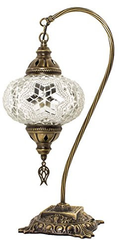 TK Bazaar Handmade Turkish Mosaic Table Lamp - Moroccan Large Lantern, Bronze Base, Unique Swan Neck Series N3 for Room Decoration (AMTHYST)