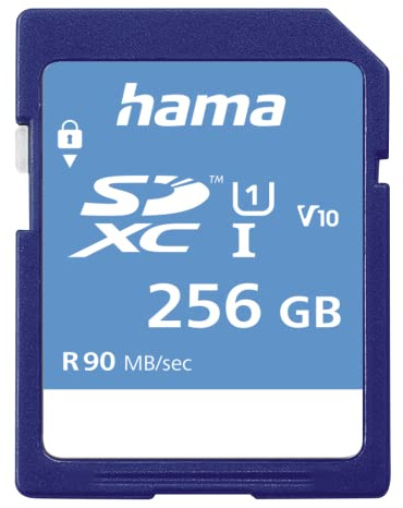 Hama 256 GB SDXC-Speicherkarte, Class 10, V10, UHS-I | SDXC-Card bis zu 90MB/s, für Full-HD- und 3D-Video-Aufnahmen, z.B. Digitalkamera, Camcorder, Videokamera, mit Schreibschutz)
