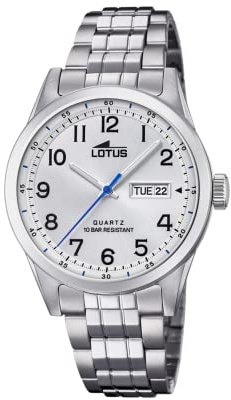 LOTUS Reloj Hombre Analógico de Acero Inoxidable 316l Plateado - Movimiento de Cuarzo - Calendario - Cristal Mineral de Alta Resistencia - Resistente al Agua 10 ATM Clásico 18670/1