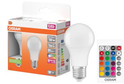 OSRAM STAR+ RGBW LED Lampe mit E27 Sockel, RGB-Farben per Fernbedienung änderbar, 9W, klassische Birnenform, Ersatz für 60W-Glühbirne, matt, LED Retrofit RGBW lamps with remote control, Doppelpack