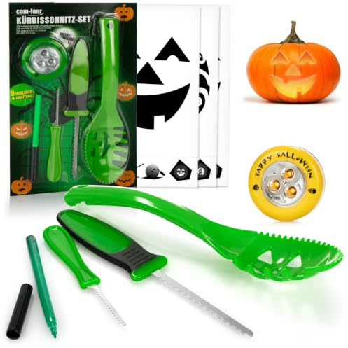 com-four® 14-teiliges Kürbis Schnitz-Set für Halloween, Schneide-Werkzeuge | Kürbis-Aushöhler, Messer, Löffel, Stift, Schablonen und LED-Licht