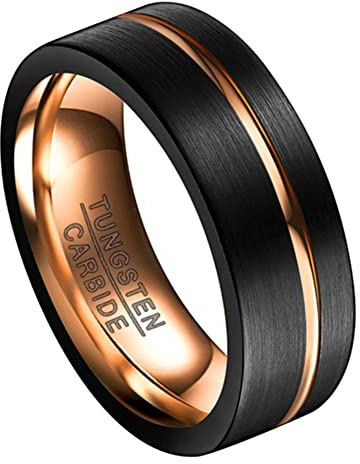 Corato 8mm Herren Schwarz Wolframcarbid Ring Hochzeit Ring mit Roségoldene Nut Eben Gebürstetes Finish Größe 50.6(16.1)