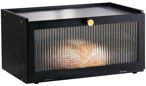 ETMI Black Bread Box for Kitchen Countertop - Modern bamboo Bread box with Window Bread Storage Container
