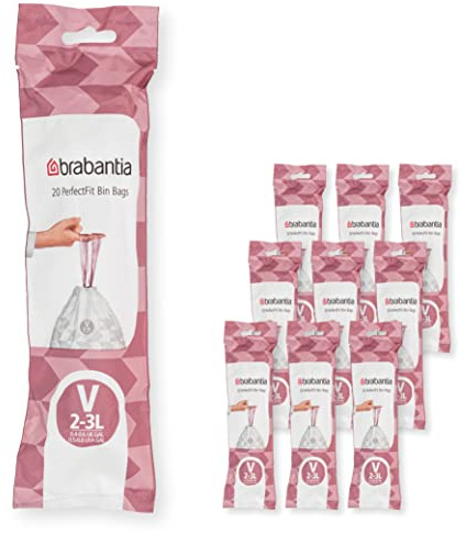 Brabantia Bolsas de Basura PerfectFit 10 lotes, Código V, 2-3L, Resistentes Bolsas con cinta de cierre, 200 Bolsas