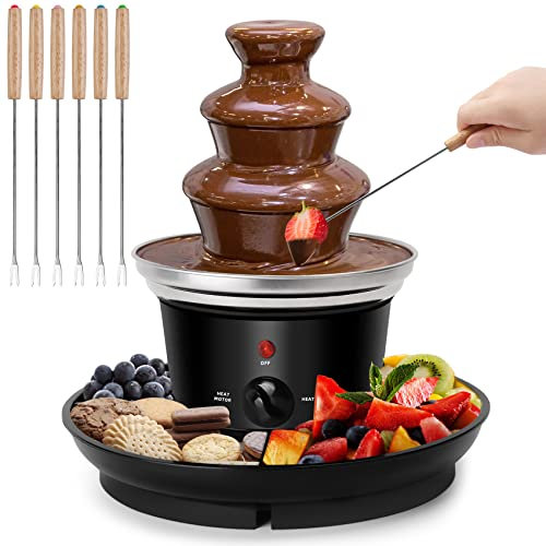 16oz Chocolate Fondue Fountain, 3-Tier Mini Chocolate Fountain with 6pcs Fondue Fork and Removal Fruits/Nuts/Treats Serving Tray for BBQ Sauce, Ranch, Nacho Cheese, Liqueurs
