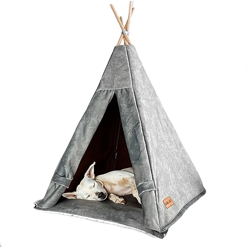Premium-Tipi für einen Hund – EIN Hundezelt aus dickem und strapazierfähigem Material mit Stabilisator – eine Hundehütte, die zum Waschen ausgeklappt Werden kann (L (70x70x100 cm), Grau)