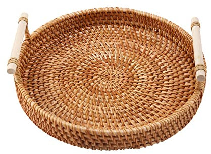 Hnmodter Rattan Storage Tray, Round Basket with Handle, Handwoven, Rattan Tray, Wicker Basket, Fruit, Food, Pressink, L