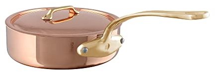 Mauviel M'200 B 2mm Polished Copper & Stainless Steel Saute Pan With Lid, And Bronze Handles, 1.9-qt, Made in France