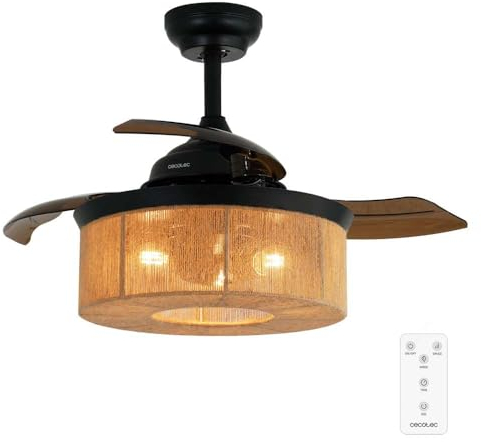 Cecotec Ventilador de Techo con Luz EnergySilence Aero 3600 Invisible Natural Style, Motor DC 25W, Luz LED, 3 aspas retráctiles, 36 pulgadas, Mando, 3 velocidades, temporizador,modo winter/summer