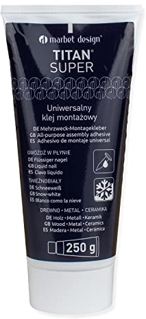 Marbet | Sistema adesivo TITAN SUPER | Colla per battiscopa | Stucco | Fissaggio per battiscopa | Montaggio | Senza solventi | Verniciabile | Elastico | Tubo da 250 g