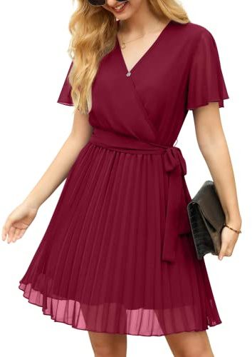 GRECERELLE Womens Summer Casual Wrap Dress Chiffon Cute Pleated Beach Tie Waist Dresses for Women (Wine Red, L)