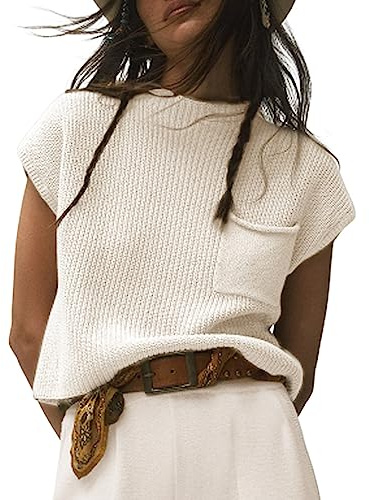 Himosyber Women's Solid Sleeveless Vest Mock Neck Cap Sleeve Knitwear Sweater Tops (White-XL)