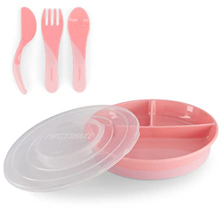 Twistshake Set Di Stoviglie Per Bambini | Piatto Diviso + Culinaria 6m+ | Senza BPA | Kit Per L'addestramento Alimentare Dei Bambini| Rosa