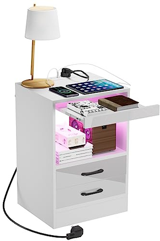 PIPIPOXER Nachttisch Weiß mit LED, Nachttisch mit Steckdose & USB, Nachtschrank mit 2 Schubladen Led 16 Farben, für Wohnzimmer, Schlafzimmer, Weiß, 40x35x60cm