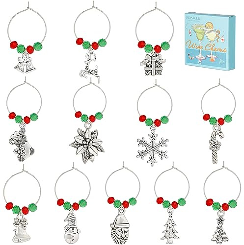 SUNNYCLUE 1 Box 12Sets Christmas Wine Charms Silver Wine Glass Identication Charm Red Green Glass Beads Beading Hoops Wine Marker Rings Snowman Snowflake Party Wine Markers for Stemless Glasses UK