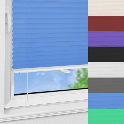 Faltrollo Ohne Bohren 35 x 100 cm Sonnenschutz Blickdicht Plissee Rollo Ohne Bohren Einfache Montage, Pflegeleicht für Fenster & Türen, Blau