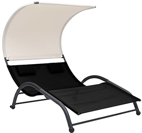 Doppel-Sonnenliege,Liegestühle für den Garten,Sonnenliege Sun mit Dach,Gartenmöbel,Strandliege,Freizeitstuhl für draußen,Relaxliege,Mit zwei Kissen,für Garten, Balkon, mit Sonnendach Textilene Schwarz