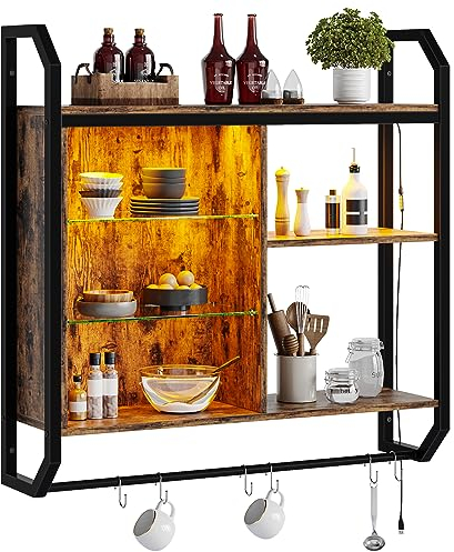 Bestier 4 Tier Floating Pipe Shelving 84 CM LED Wall Mounted Shelf with Adjustable Glass Shelf Pipe Shelves Hanging Display Rack Bookshelf with 6 S Hooks for Living Room Kitchen Decor Wine Coffee Bar