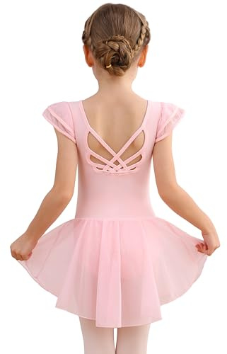 MdnMd Girls Dance Ballet Leotards Dresses for Toddler Ballerina Outfit Skirt Hollow Knot Back Flutter Sleeve (Ballet Pink, 6-8 Years)