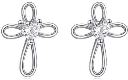 VONALA Cross Infinity Earrings 925 Sterling Silver Heart Stud CZ Birthstone Religious Christian Baptism Jewellery Gifts for Women