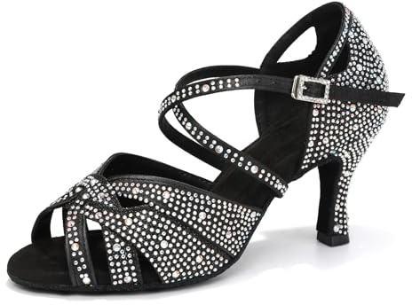YCALCP Scarpe da Ballo Latino Americano Donna con Strass in Raso Punta Aperta Salsa Bachata Scarpe da Ballo da Sala,YCL388-Nero-7.5,EU 40