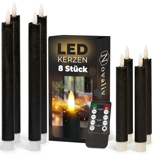Sparset Stabkerzen LED mit Timer Klein+Groß SCHWARZ 8 Stück indoor - 6 Stunden - ECHTWACHS 18cm+23cm Höhe für Kerzen 2,2cm Durchmesser 2 AAA Batterien notwendig LED Stabkerzen flackernde Flamme