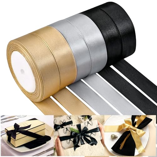 NACHLYNN 25mm x 22m Satinband Gold Silber Schwarz Schleifenband Geschenkband Bänder zum Basteln für Verpackungsband Urlaubsdekoration Hochzeitsstrauß DIY Dekoration