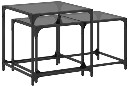 vidaXL Satsbord 2 st med svart glasskiva stål, sidobord, soffbord, vardagsrumsbord, sido bord, soff bord, vardagsrum bord, träbord, trä bord