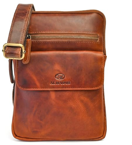 ALMADIH kleine Leder Umhängetasche Herren 9.7 Zoll iPad – RICK braun deluxe - Kompakte Ledertasche für Reisen & Alltag Messenger Schultertasche Freizeittasche Tablet Herrentasche Damen (RICK bd)