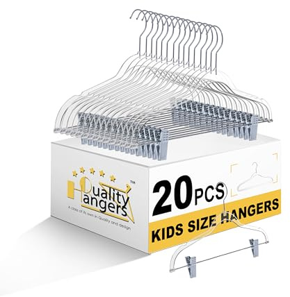 Quality Clear Kids Pants Hangers with Clips 20 Pack | Heavy Duty Skirt Hangers with Swivel Hook and Notches | Space Saving Kids Clip Hangers for Pants | 13.7 Inch (20, Clear)