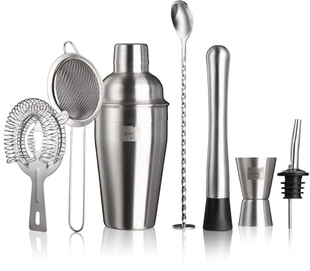 Vacu Vin Cocktail Set Plus - 7 unverzichtbare Werkzeuge zum Mixen und Servieren von Cocktails - Spülmaschinenfest - Cocktailshaker, Doppelmaß, Stößel, Hawthorne Sieb
